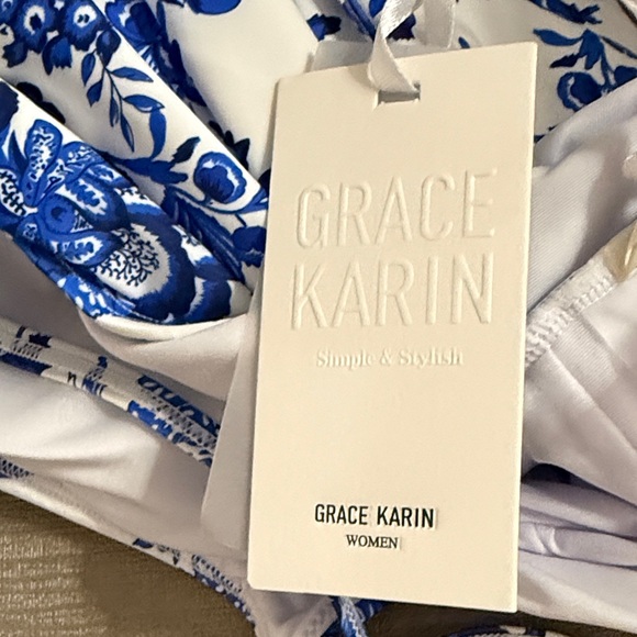 Grace Karin Blue & White Floral One-Piece Swimsuit with Matching Skirt - Picture 9 of 10